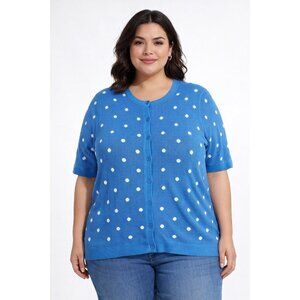 💙 CJ Banks Blue White Polka Dot Short Sleeve Cotton Cardigan 2X 💙